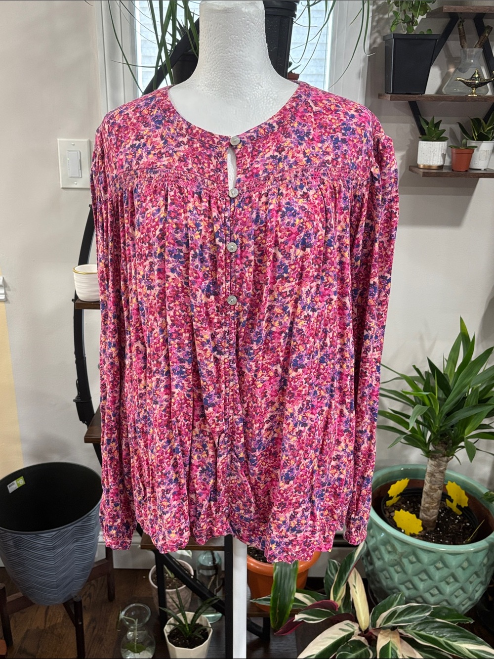 🦒Time and Tru Pink Floral Long-Sleeve Peasant Blouse size XL - Picture 3 of 5